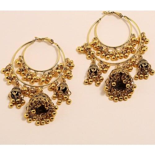 Indian Gold Handmade Double Circle Bells Tassel Earring Thailand Bridal Piercing Earrings Gypsy Fashion Party Jewelry Bijoux
