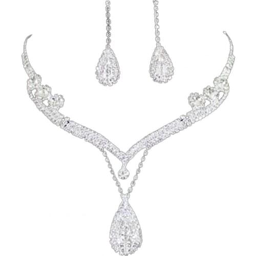 Water Drop Pendant Charming Exquisite Rhinestone Rhinestone Waterdrop Necklace Earring Set for Wedding Prom Party