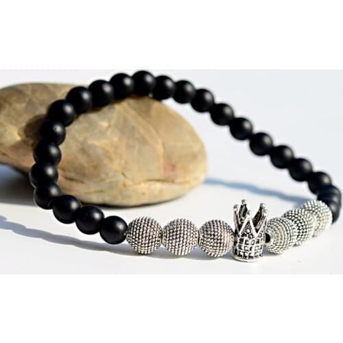 Classic Crown Ball Charm Bracelet For Men Or Women Bracelet Jewelry Black Matte Stone Beads Bracelet Pulseira Hombres