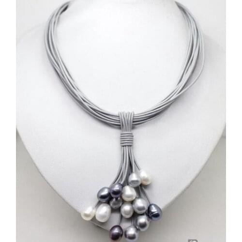 Beautiful 10-12mm Real White Black Gray Freshwater Pearl Necklace Leather Cord Magnet Clasp