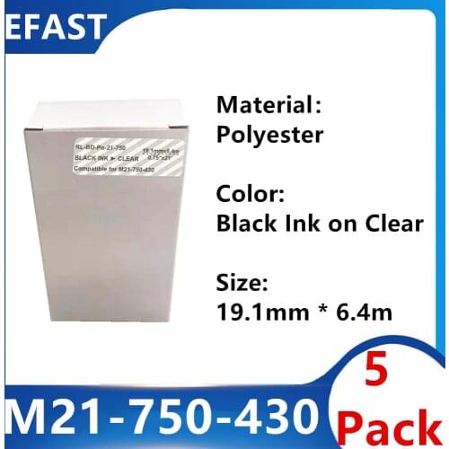 5 Pack M21 750 430 Polyester Label Ribbon Black On clear For BMP21 PLUS Printer Black On Transparent M21-750-430 19.1mm * 6.4m