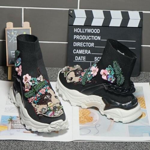 Trendy brand thick-soled high-top shoes women 2021 new heavy industry sequined cloth stickers stretch knitted socks shoes
