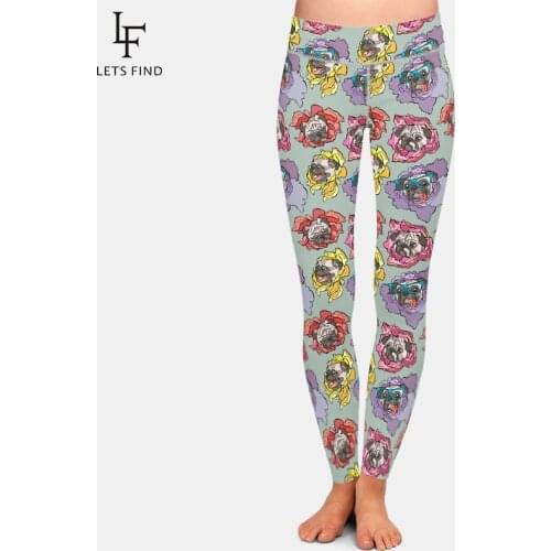 LETSFIND Fashion 3D Dog Pug and Flower Print Fitness Leggings New High Waist Plus Size Soft Elastic Sexy Full Leggings