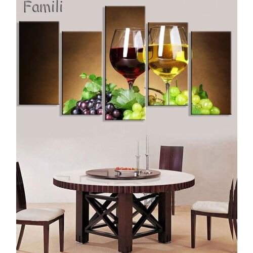 Modular Picture Artwork 5 Pieces Wine Grape Dessert Framed Painting Canvas Wall Art Modern Kitchen Restaurant Decoration