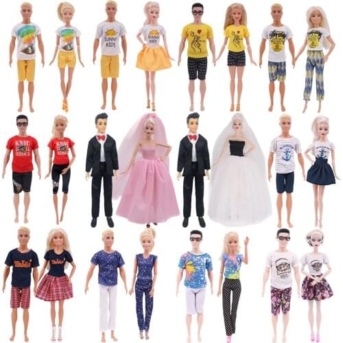 3Pcs/Couple Set=1Barbie Mini Skrt+1Ken T-Shirt,Pants+1Shoes For 11.8Inch Barbie Doll Clothes Girl Toys Accessories Flower Print