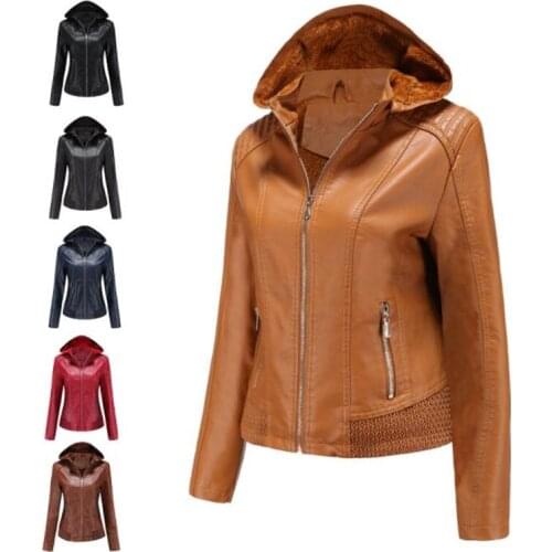 New Womens leather jacket plus velvet warm coat black brown fashion detachable hooded autumn winter куртка женская весна zipper