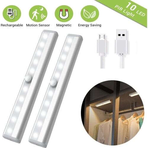 PIR Under Cabinet Light USB Rechargeable Motion Sensor Closet Lights Wireless Magnetic Stick-on Cordless 10 LED Night Light Bar