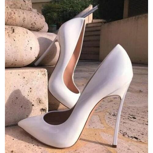Sexy Patent Leather White Wedding Shoes PointedToe Metal Blade Heels Pumps Women Shoes Slip-on Customized Women Shoes High Heel