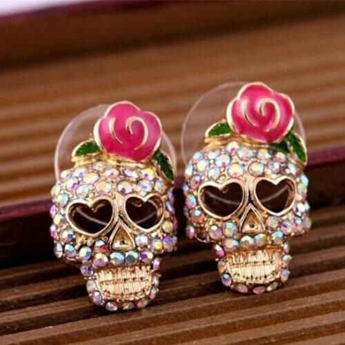 Exaggerated Vintage Skeleton Stud Earrings For Women Personality Rhinestone Crystal Skull Earring Punk Ear Jewelry Brincos
