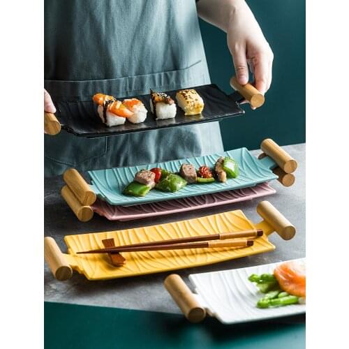 Nordic Ceramic Rectangular Sushi Long Plate Dessert Cake Snack Salmon Roast Meat Chicken Wings Plate With Handle Dinnerware