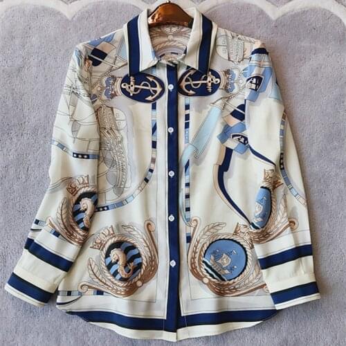 2020 Spring Autumn Fashion Womens high quality loose Shirts Chic elegant retro print Shirt tops C044