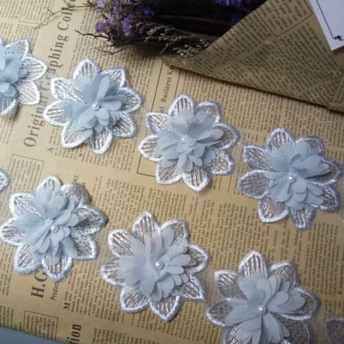 2yard Light Blue Rose Flower Pearl Chiffon Embroidered Lace Trim Ribbon Fabric Sewing Craft Patchwork Handmade DIY for Decor