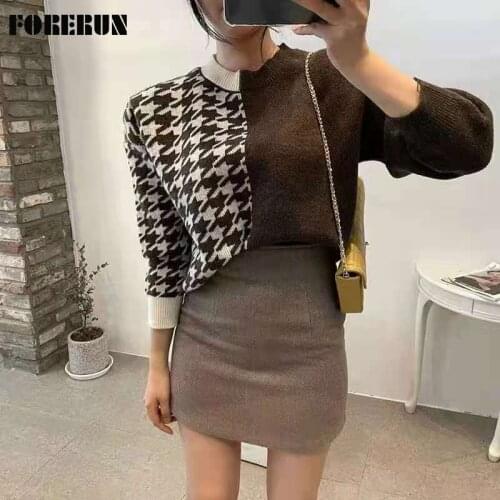 FORERUN Women Checkerboards Patchwork Sweaters Autumn Winter Round Neck Plaid Printed Casual Warm Jumpers Long Sleeve Pullovers