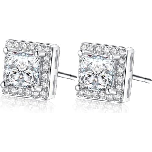 Utimtree Simple Design Sliver 925 Princess-cut Big Square CZ Cubic Zirconia Wedding Stud Earrings for Women Valentines Day Gift