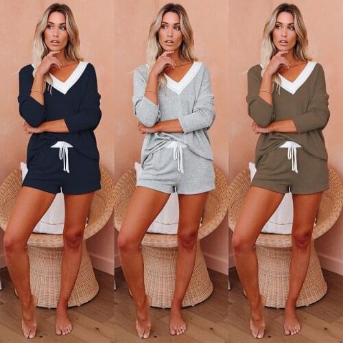 Autumn New Home Casual Solid Color Suit Stitching Shirt Elastic Waist Shorts Two-Piece Women