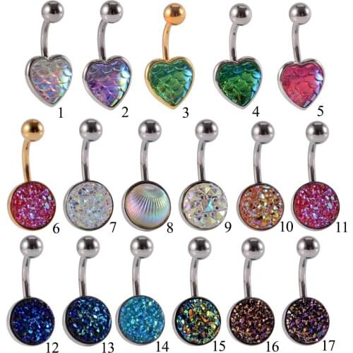 1PC Synthetic Druzy Stone Belly Button Piercing 14G Surgical Steel Mermaid Scales Heart Navel Ring Piercing Belly Button Jewelry