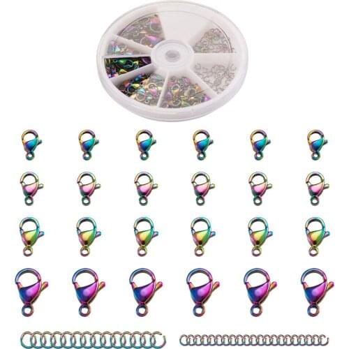 60pcs/Box Vacuum Plating 304 Stainless Steel Lobster Claw Clasps Multicolor with Jump Rings DIY jJewelry Accessories
