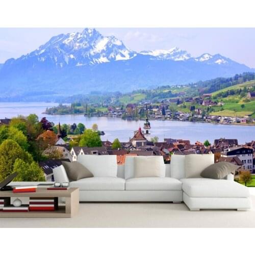 Custom large murals, Switzerland Houses Lake Mountains nature wallpaper,living room bedroom TV wall papel DE parede