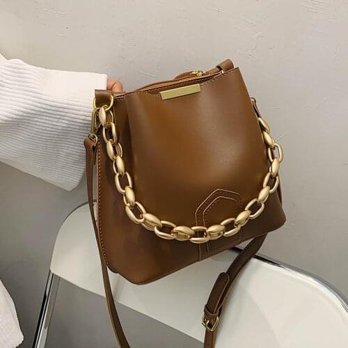 Chain design Bucket Shoulder bags for women Crossbody Bag small Female Handbags and Purses Solid Color PU Leather totes Scarves