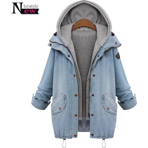 Jeans Denim Jacket Women Hooded Drawstring Boyfriend Two Pieces Coat Women Long Sleeve Single Breasted Plus Size Bomber Jacket