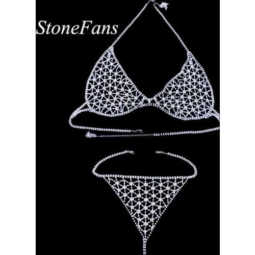 Stonefans Women Luxury Hollow Rhinestone Bra Set Bikini Underwear Sexy Mesh Crystal Body Chain Bra and Panties Halter Jewlery
