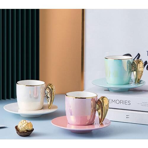 Nordic Porcelain Gold Angel Wing Cup With Saucer Colorful Ceramic Coffee Tea Cup Set New Home Decor Luxury Wedding Birthday Gift