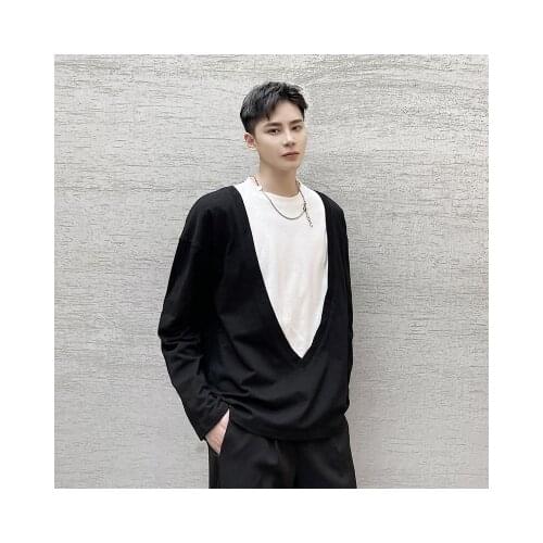 Big Size Spring Deep v Neck stitching fake two design black and white collision color long-sleeved jacket t-shirt fashion