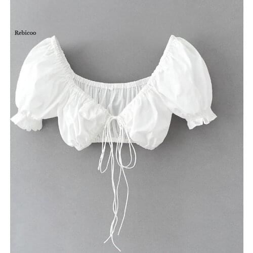 Summer Black White Lace Up Bow tie Sexy Short Blouse Women Summer Casual Puff Sleeve Small Shirts femme Crop Tops S7390