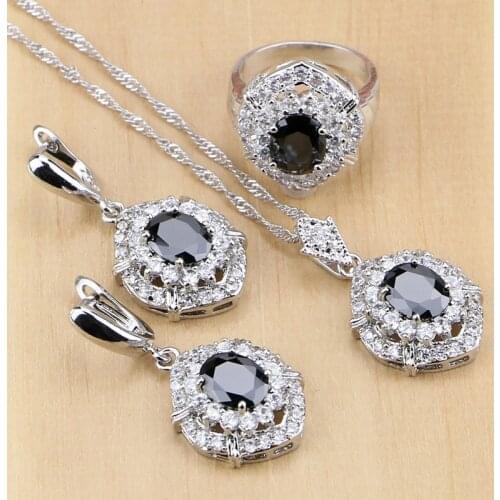 Trendy Black Crystal White Zircon Jewelry Set 925 Sterling Silver Jewelry For Women Earrings/Pendant/Necklace/Rings Free Box