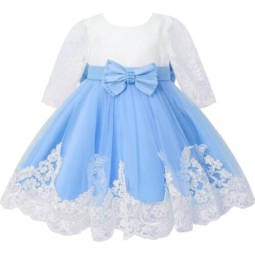 Baby Girls Dress Hollow Out Long Sleeve Lace Flower Embroidered Dresses Beads Bowknot Mesh Tutu Dress Birthday Princess Dress