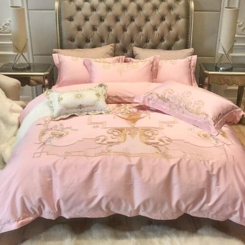 Luxury Embroidered 120S Egyeptian cotton Royal Bedding sets Queen King Wedding Duvet cover Bed sheet set Pillowcases pink 4pcs
