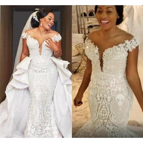 Mermaid Wedding Dresses Detachable Train African Lace Country Garden Boho Bridal Gowns Off The Shoulder Detachable Train Dresses