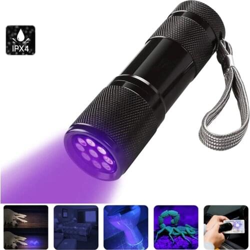 UV Torch 9 LED 395nm Ultraviolet Ultra Violet LED Flashlight Ultra Violet Invisible Ink Marker Detection Light 3AAA UV Lamp