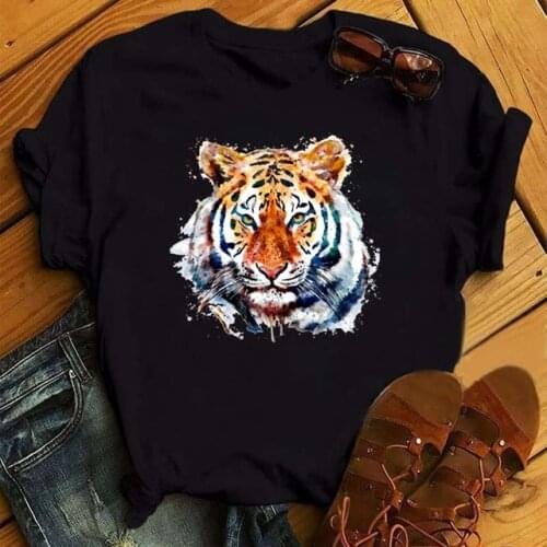 New Summer Women Black Tops Cartoon Tiger Graphic Printed T Shirt Fashion Round Neck Woman Clothing Short Sleeve Tshirts Tees