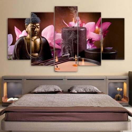 Embelish 5 Panels Large Buddha Wall Pictures For Living Room Candle Orchid Flower HD Canvas Painting Home Decor Modular Posters