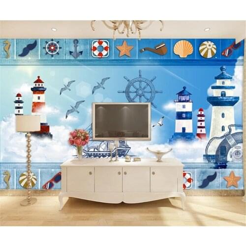 Bacal custom 3D printing wallpaper mural Mediterranean lighthouse pirate ship cartoon for kids room background home decor
