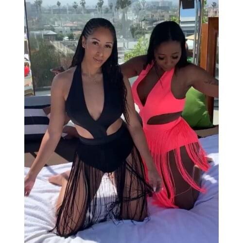 Fringed Deep V-Neck One-Piece Swimsuit Dress Sexy Slim Hollow Beach Pool Party 2021 Summer Womens New Style