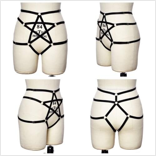 Black Sexy Pentagram Lingerie Adjustable Hollow Out Bottom G-string Bondage Elastic Pantie Pink Body Harness Cage
