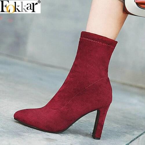 Eokkar 2020 Women Boots Fashion Winter Shoes Slip on Square Heel Women Mid Calf Boots Elegant Ladies Sock Boots Big Size 34-43