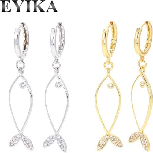 EYIKA New Design White Black Enamel Fish Hoop Earrings With Polished Circle Long Zircon Earring Gold Silver Plated Women Jewelry
