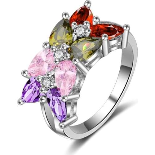 Hainon Fashion Luxury Red Green Cubic Zirconia Pave Leaf Big Engagement Wedding Silver Color CZ Finger Rings Jewelry for Women