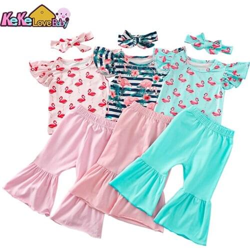 Cute Toddler Girls Clothes Sets Flamingo 3Pcs Cartoon Kids Ruffle Sleeve Tank Tops Pants Headband Outfits For Children Clothing