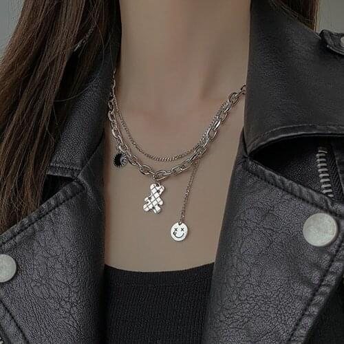 Fashionable Simple Personality Fashion Necklace Rhinestone Bear Smiley Face Double Necklace Women Hip Hop Girlfriend Gift Choker