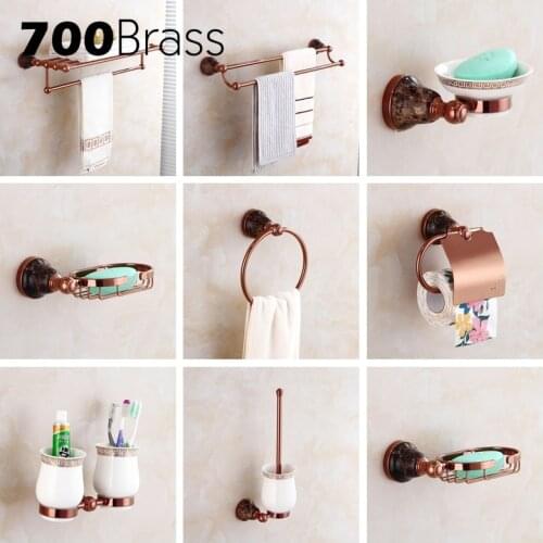 Fashion Rose Gold Bathroom Hardware Set Brass Jade Base Bathroom Accessories Toilet Paper Holder Rack Towel Holder