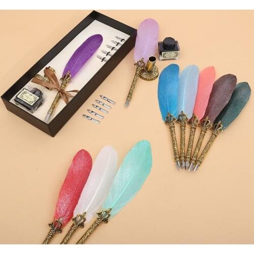 European style retro calligraphy set carved pen holder dip ink pen Christmas gift feather pen set
