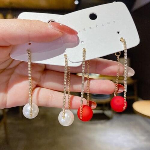 Origin Summer Korean Fashion Red White Simulation Pearl Dangle Earrings for Women Long Tassel Rhinestone Metal Earrings Jewelry