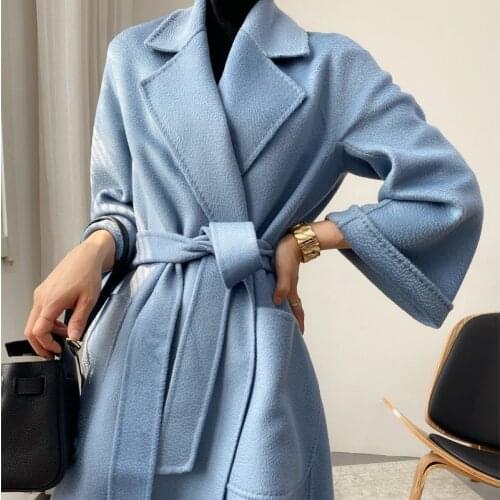 Autumn and winter water ripple coat womens middle and long loose bathrobe type double-sided cashmere coat over knee woolen coat