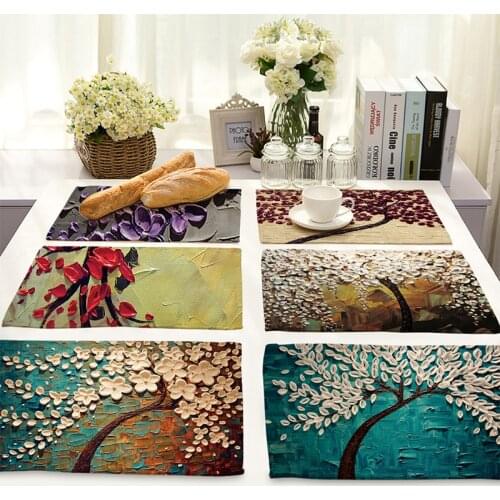 Oil Tree Placemat Modern Oil Floral Pattern Tablemat Linen Pads for Kitchen Table New Year Christmas Placemat For Dining Table