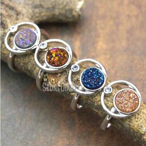 10Pcs Blue, Titanium Peach, Rainbow Aura, Titanium Purlple Clear Zircon Micro Inserts Silver Circle Ring Adjustable RM15463