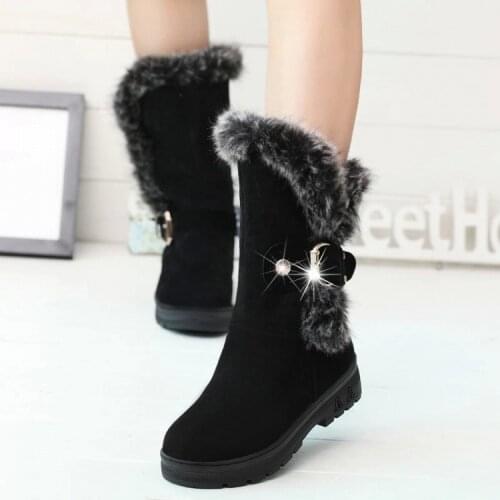 Autumn and winter furry snow boots womens thick-heeled round-toed rabbit fur womens boots to keep warm plus size medium boots